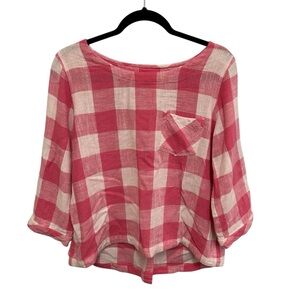 Orvis pink and white checkered plaid linen blend top buttons on back Medium